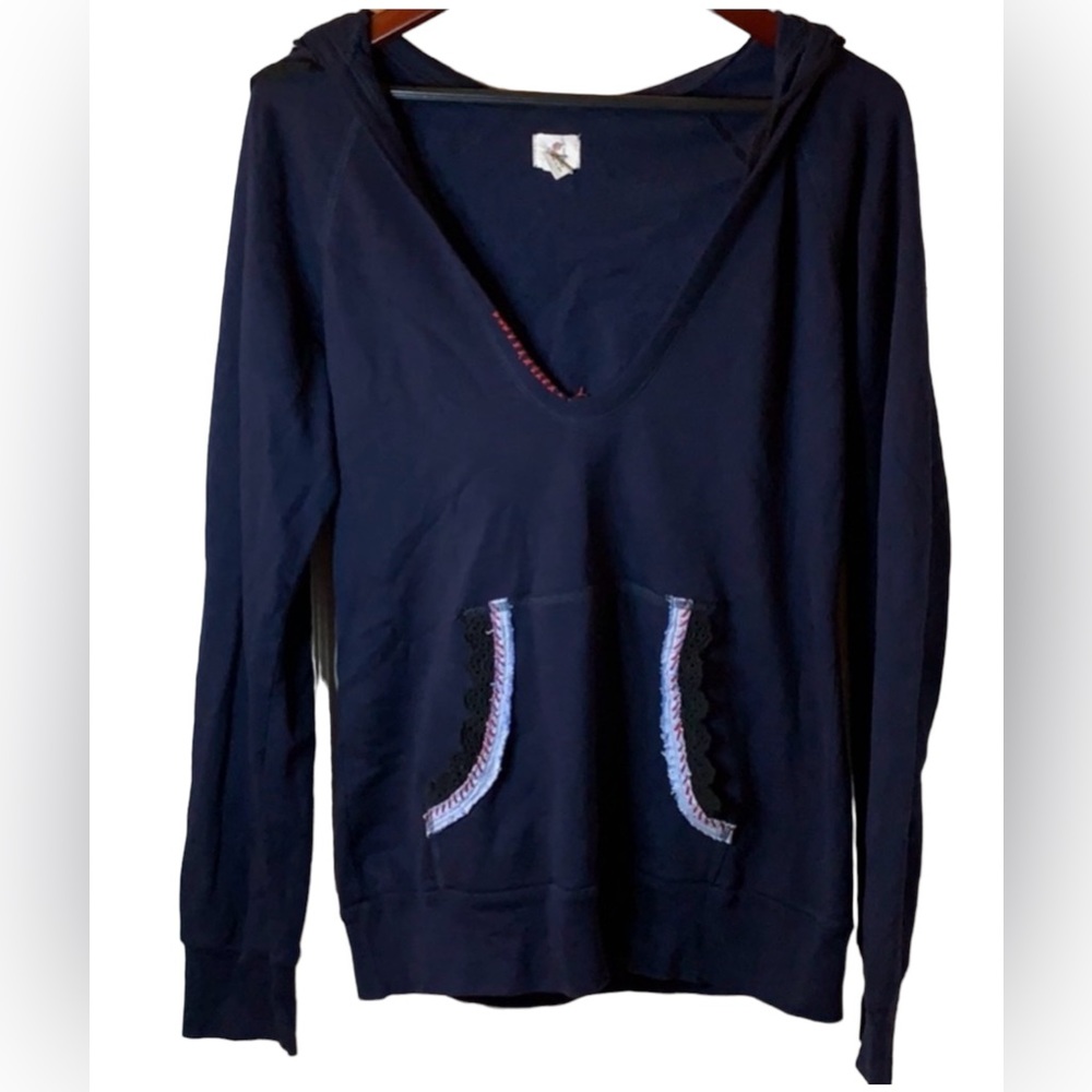 Free People hoodie v-neck sweatshirt.  Navy with lace, size large.